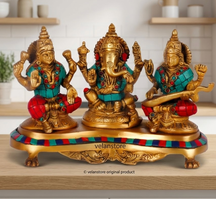 Ganesha Lakshmi Saraswati Brass Idols with meenakari stonework 6.5"-1