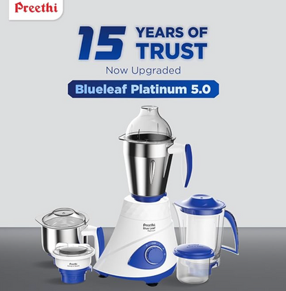 Preethi Blue Leaf Platinum MG 139 mixer grinder, 750 watt, 4 jars includes Super Extractor juicer