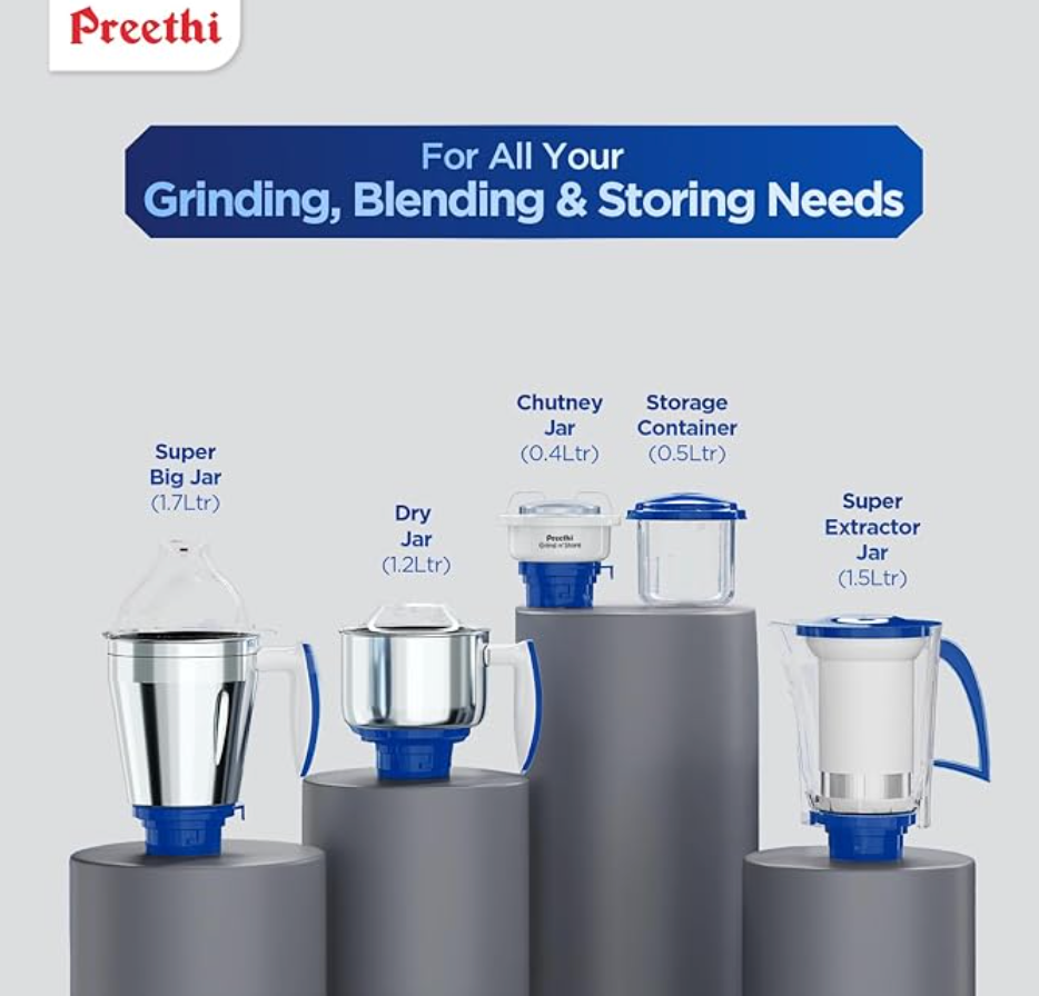 Preethi Blue Leaf Platinum MG 139 mixer grinder, 750 watt, 4 jars includes Super Extractor juicer