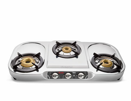 Preethi Topaz Stainless Steel 3 Burner Gas Stove, Manual Ignition, Silver