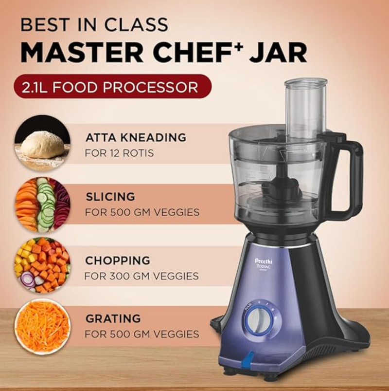 Preethi Zodiac Glitter Mixer Grinder+Food processor I 750 Watt I 2yr Guarantee & Lifelong Free Service I 5 Jars (3 Stainless steel Jars +1 Juicer Jar+1 Master Chef Plus Food processor Jar)-MG 264-7
