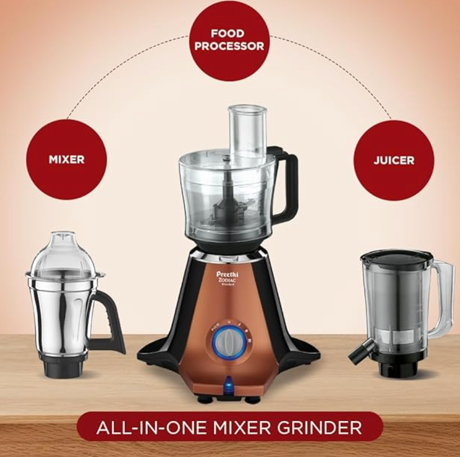 Preethi Zodiac Stardust Mixer Grinder + Food processor I 750 Watt I 2yr Guarantee & Lifelong Free Service I 5 Jars (3 Stainless steel Jars +1 Juicer Jar+1 Master Chef Plus Food processor Jar)-MG-265-5