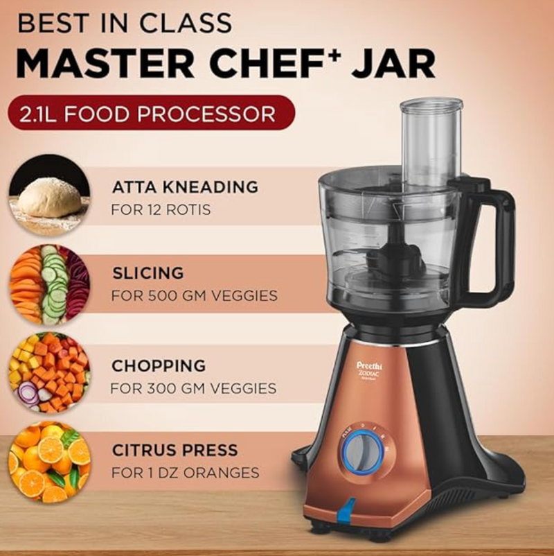 Preethi Zodiac Stardust Mixer Grinder + Food processor I 750 Watt I 2yr Guarantee & Lifelong Free Service I 5 Jars (3 Stainless steel Jars +1 Juicer Jar+1 Master Chef Plus Food processor Jar)-MG-265-6