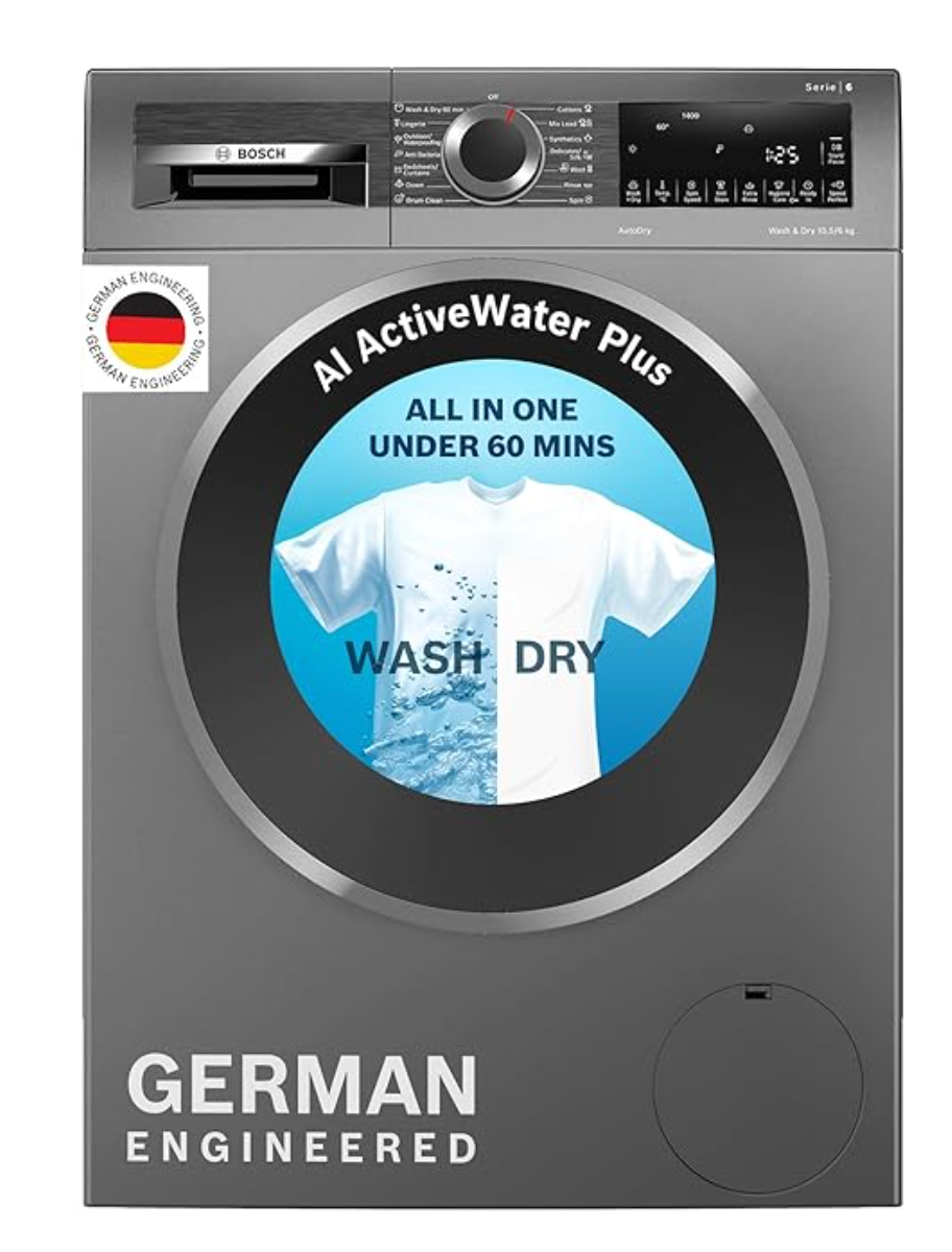 Bosch 10.5/6 KG Inverter Fully Automatic Front Load Washer Dryer (2023 Model, WNA2E4U1IN, 1400 RPM, 14 Wash Programs, LED touch display, Wash & Dry in 60 Mins, Cast Iron Grey)
