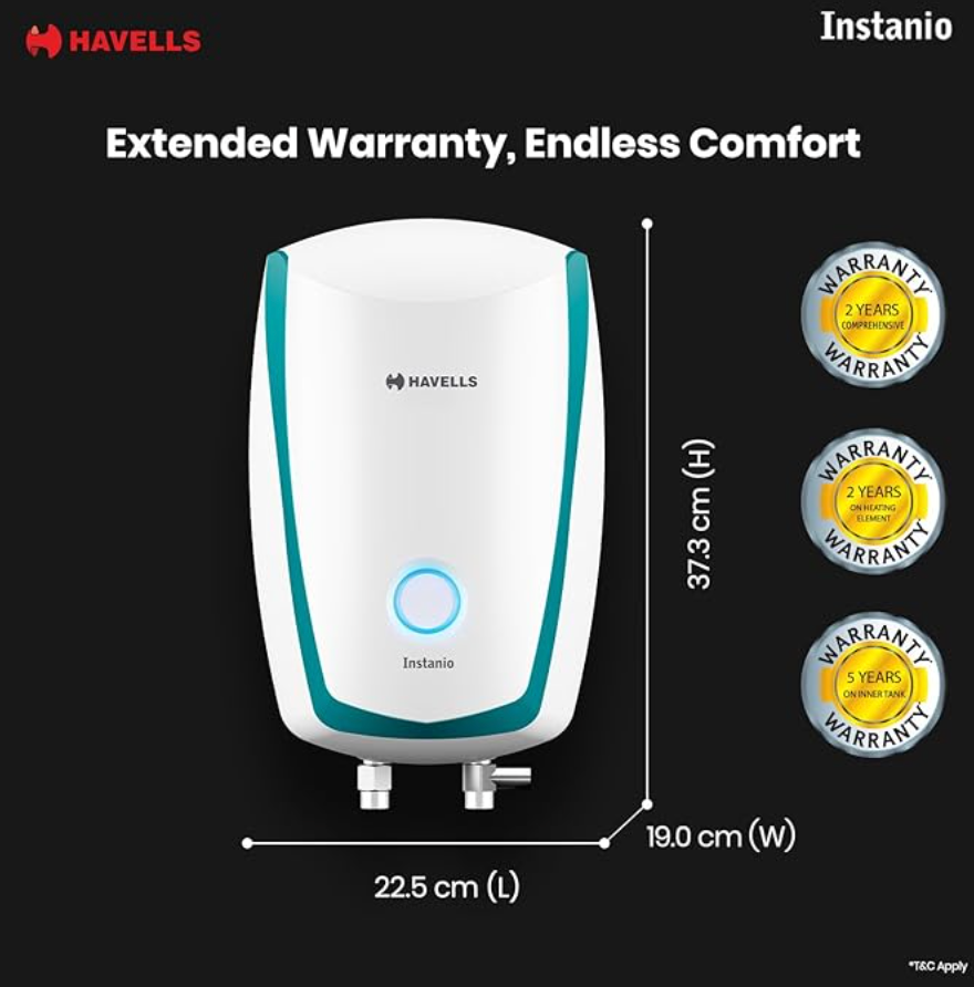 Havells Instanio 3L Instant Water Heater(Geyser)| Temp. Sensing LED Indicator| Rust & Shock Proof Body| ISI Marked|Warranty: 5 year on Inner Tank| High Rise Compatible (White Blue)-3