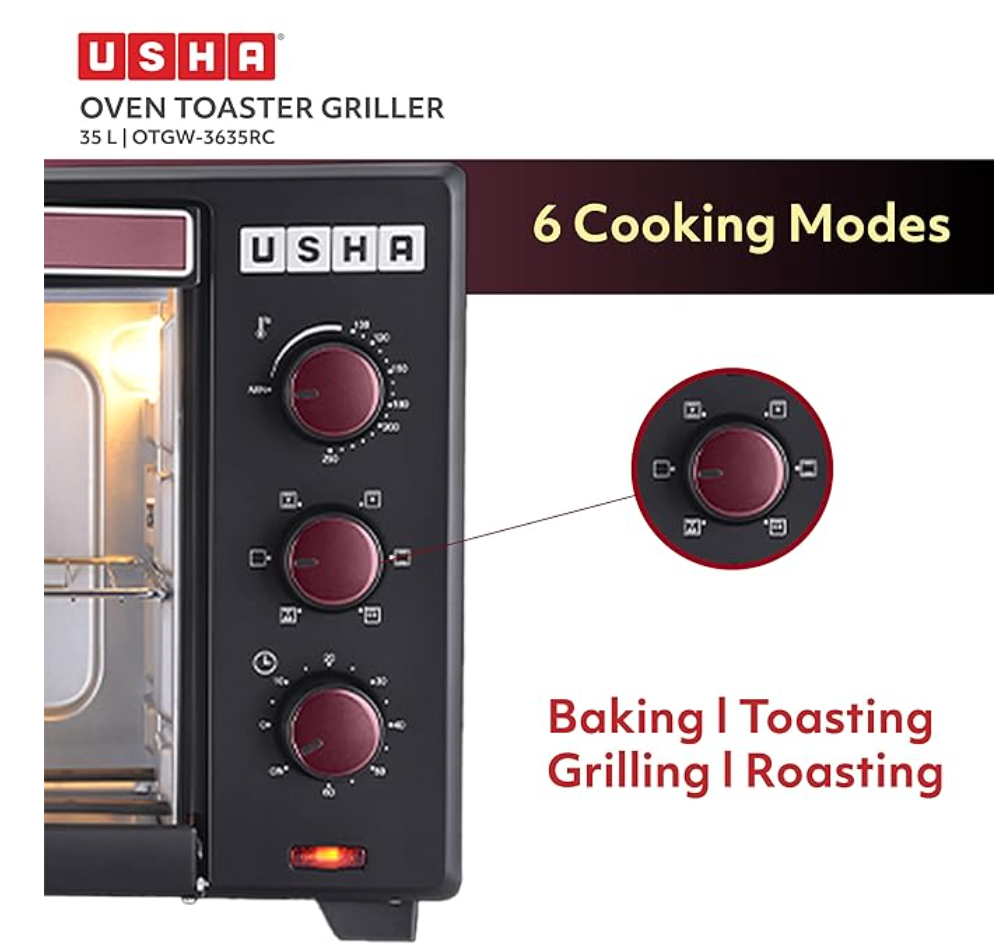 Usha 3635RC 35L Oven Toaster Grill with Rotisserie and Convection for 360 degree even cooking, 1600-3