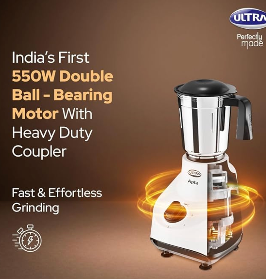 Ultra Apta Mixer Grinder - Fortune White & Black | India’s First Double ball-bearing Motor 550W High Torque with 2 Years Warranty | 204Cu Food-Grade 4 SS Jar, 3 Speed Regular + Pulse-2