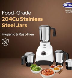 Ultra Apta Mixer Grinder - Fortune White & Black | India’s First Double ball-bearing Motor 550W High Torque with 2 Years Warranty | 204Cu Food-Grade 4 SS Jar, 3 Speed Regular + Pulse-4