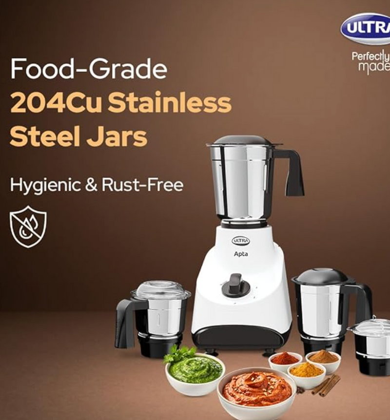 Ultra Apta Mixer Grinder - Fortune White & Black | India’s First Double ball-bearing Motor 550W High Torque with 2 Years Warranty | 204Cu Food-Grade 4 SS Jar, 3 Speed Regular + Pulse-4