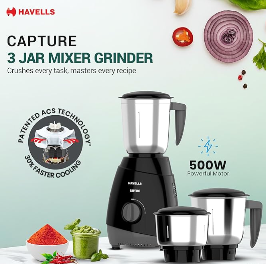 Havells Capture 500W Mixer Grinder 3 Stainless Steel Jars | 21000 RPM High-Speed Motor | Rust-Resistant 304 SS Blades | 1.5L Large Blending Jar | Overheat Protection | 1-Year Warranty (Black)-2