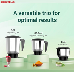 Havells Capture 500W Mixer Grinder 3 Stainless Steel Jars | 21000 RPM High-Speed Motor | Rust-Resistant 304 SS Blades | 1.5L Large Blending Jar | Overheat Protection | 1-Year Warranty (Black)-3
