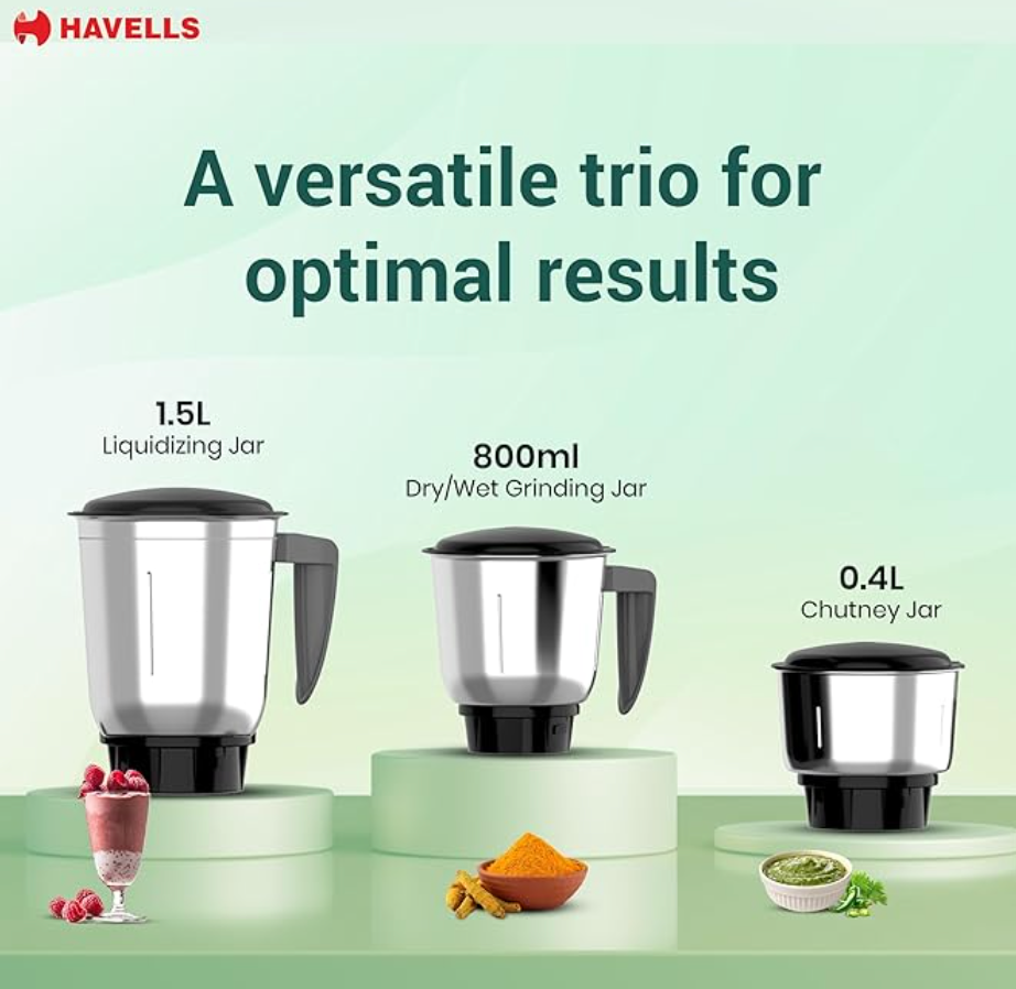 Havells Capture 500W Mixer Grinder 3 Stainless Steel Jars | 21000 RPM High-Speed Motor | Rust-Resistant 304 SS Blades | 1.5L Large Blending Jar | Overheat Protection | 1-Year Warranty (Black)-3