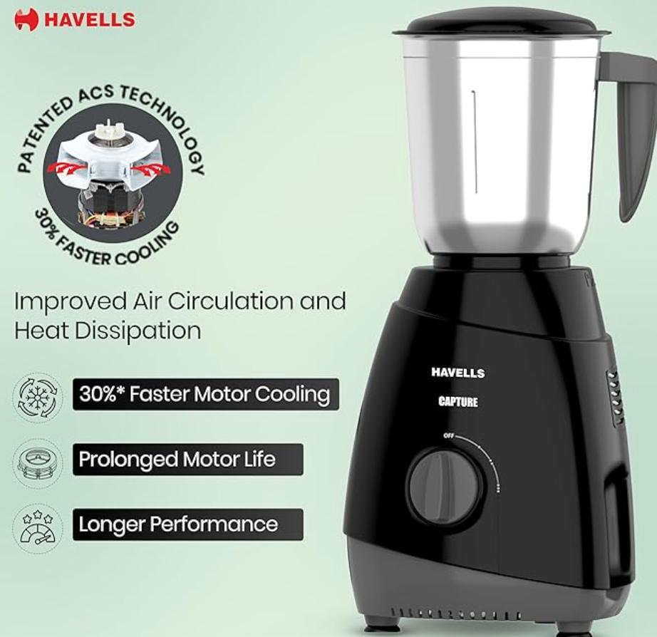 Havells Capture 500W Mixer Grinder 3 Stainless Steel Jars | 21000 RPM High-Speed Motor | Rust-Resistant 304 SS Blades | 1.5L Large Blending Jar | Overheat Protection | 1-Year Warranty (Black)-4