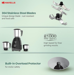 Havells Capture 500W Mixer Grinder 3 Stainless Steel Jars | 21000 RPM High-Speed Motor | Rust-Resistant 304 SS Blades | 1.5L Large Blending Jar | Overheat Protection | 1-Year Warranty (Black)-5