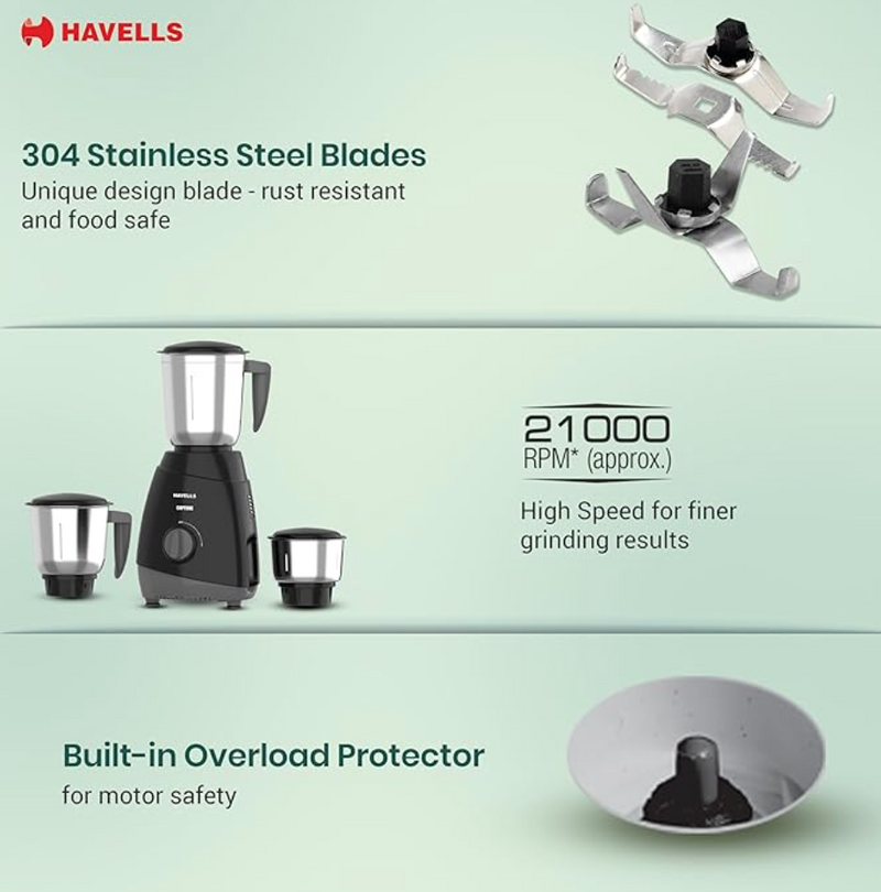 Havells Capture 500W Mixer Grinder 3 Stainless Steel Jars | 21000 RPM High-Speed Motor | Rust-Resistant 304 SS Blades | 1.5L Large Blending Jar | Overheat Protection | 1-Year Warranty (Black)-5