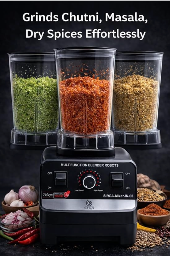 Sirga 2000W Commercial Heavy Duty Mixer Blender Grinder | 15 Speed Control | 2L + 0.5L BPA-Free Jars | Pure Copper Motor | Ice, Meat & Masala Grinding | Pulse Mode | 6 Stainless Steel Blades-4