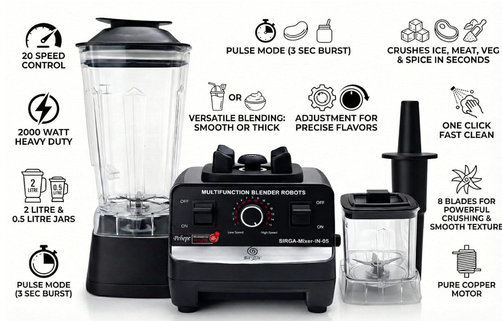 Sirga 2000W Commercial Heavy Duty Mixer Blender Grinder | 15 Speed Control | 2L + 0.5L BPA-Free Jars | Pure Copper Motor | Ice, Meat & Masala Grinding | Pulse Mode | 6 Stainless Steel Blades-5