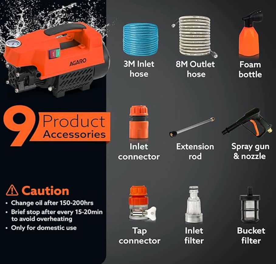 AGARO Regent High Pressure Washer | 1600W Motor | 120 Bar Max Pressure | 5.5 L/Min Flow Rate | Portable Electric Washer for Car, Bike, Walkways & Home Cleaning | 8M Outlet Hose Pipe Included-2