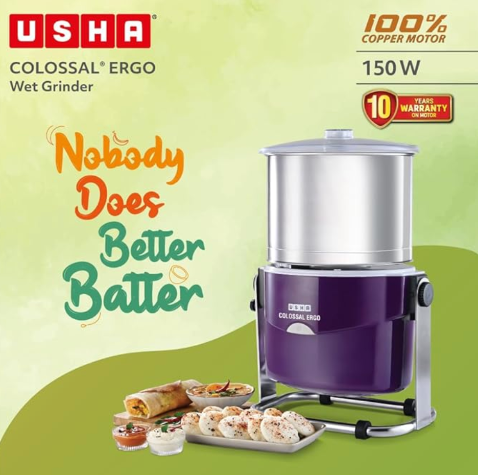 USHA கோலோசல் எர்கோ ஈஸி-டில்ட் வெட் கிரைண்டர் | 2L, 150W, 100% காப்பர் மோட்டார், டூயல் ஃப்ளோ பிரேக்கர், ஸ்டெயின்லெஸ் ஸ்டீல் டிரம் மற்றும் துணைக்கருவிகள் | 10 வருட மோட்டார் உத்தரவாதம் (மெஜந்தா)