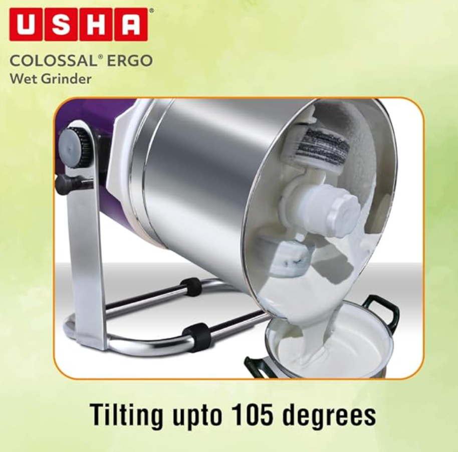 USHA Colossal Ergo Easy-Tilt Wet Grinder| 2L, 150W, 100% Copper Motor with Dual Flow Breaker, Stainless Steel Drum and Accessories| 10 Year Motor Warranty (Magenta)-3