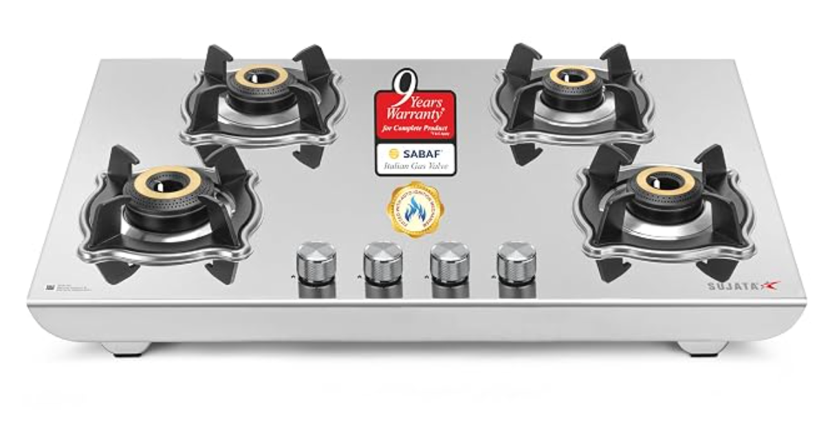 Sujata Gas Stove 4 Burners | 9 Years Warranty, ISI Certified | 4 Burner Gas Stove Stainless Steel Auto Ignition, LPG Ready & PNG Compatible, SABAF, 360° Rotating Nozzle, Jumbo Brass Burner (Robusto)