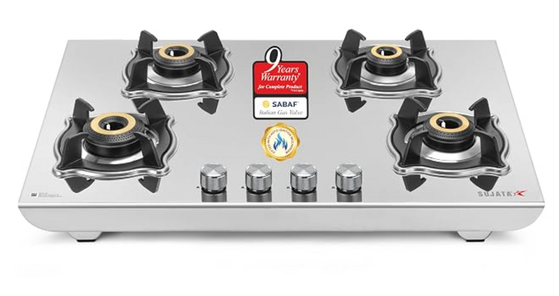 Sujata Gas Stove 4 Burners | 9 Years Warranty, ISI Certified | 4 Burner Gas Stove Stainless Steel Auto Ignition, LPG Ready & PNG Compatible, SABAF, 360° Rotating Nozzle, Jumbo Brass Burner (Robusto)-1