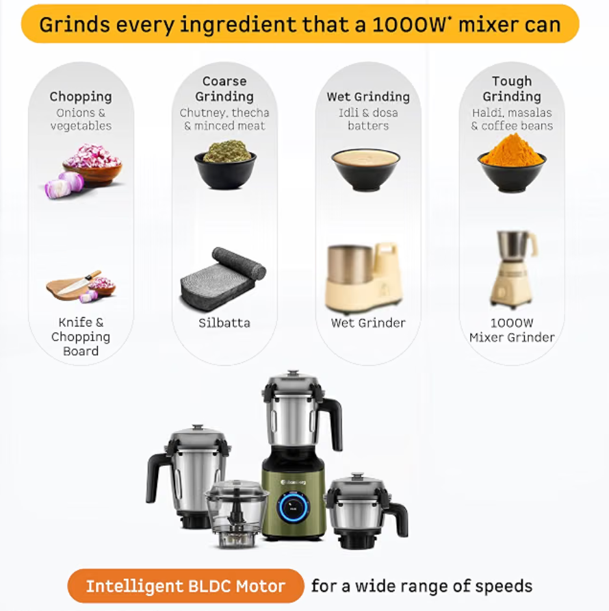 Atomberg Zenova Mixer Grinder | Unique Coarse Mode for Silbatta-like Texture | Intelligent BLDC Motor | Safety Features | 4 Jars including Chopper | Hands-Free Operation (Olive Grove)