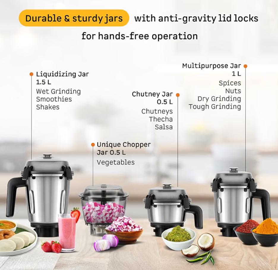 Atomberg Zenova Mixer Grinder | Unique Coarse Mode for Silbatta-like Texture | Intelligent BLDC Motor | Safety Features | 4 Jars including Chopper | Hands-Free Operation (Olive Grove)-4