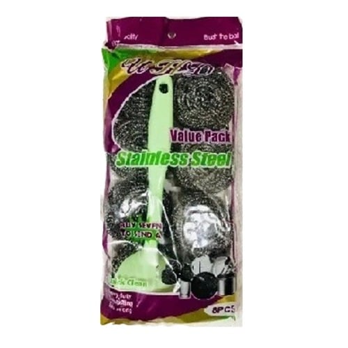 6 pcs steel multifunctional scrubber pad with 1 long handle/Detachable Scrub/ ,Scouring pad ,Makes cleaning easy , Cleans Pans , Utensils , gas-oven , pressure cooker , steel cooker , teapot , kitchen knife etc. Scrub Pad