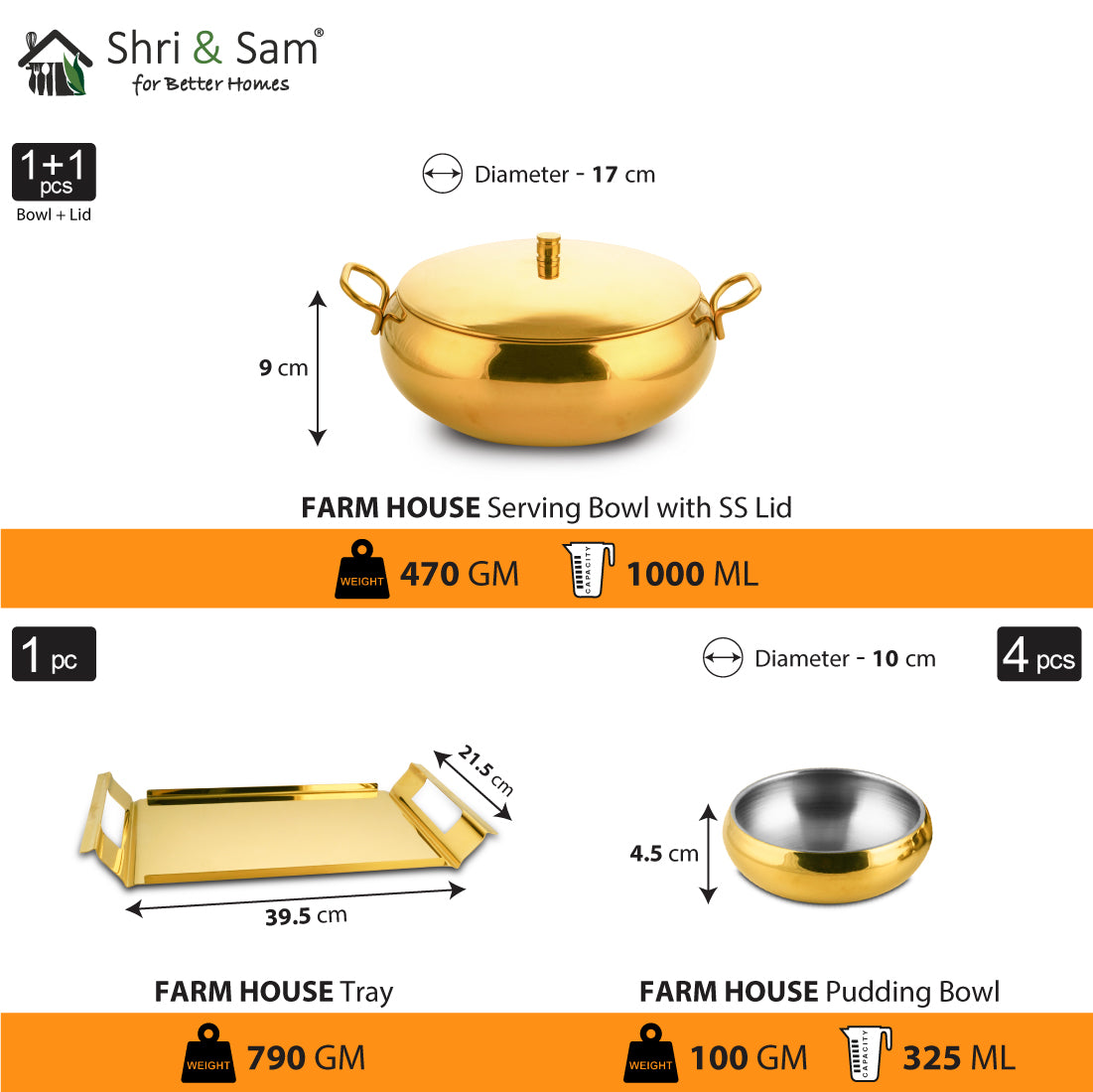 Stainless Steel Serving Set with Gold PVD Coating Farm House
