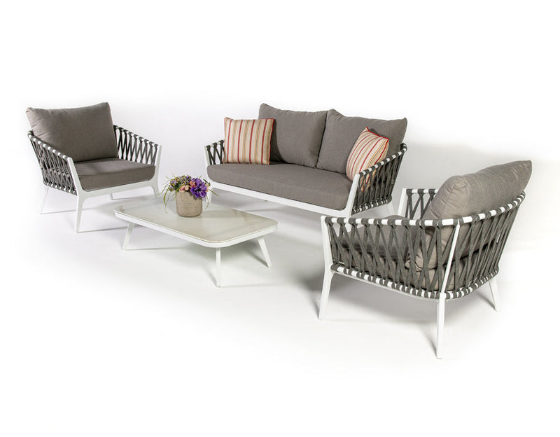 Mazzanti Outdoor Sofa Set 2 Seater , 2 Single seater and 1 Center Table (White + Brown) Braided & Rope