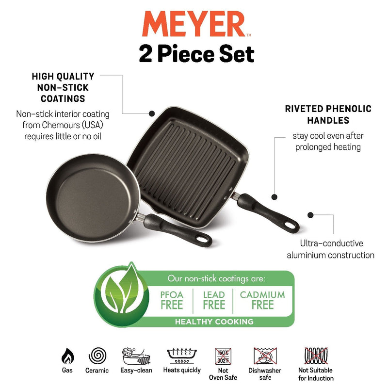 Meyer Non-Stick 2-Piece Cookware Set, Frypan + Grillpan (Suitable For Gas & Electric Cooktops)