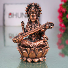 Copper Saraswati Idol, Tamra Sharada Vagdevi Veena Pani Murti, Hansavahini Vidyadayini Saraswathi Vigraham for Pooja, Home Decor & Study Table, Brown, 3 Inch, 1 Piece