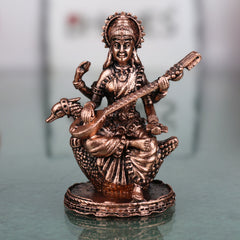 Copper Saraswati Idol Tamra Murti Sharada Vagdevi Vidya Bharati Kalaivani Hamsavahini Veena Pustaka Dharini Statue for Puja Decor, Brown, 2.5 Inch, 1 Piece