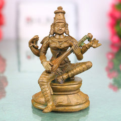 Bronze Saraswati Idol Sharada Devi Vagdevi Bharati Kalaimagal Murti for Pooja Mandir Home Decor, Brown, 3.5 Inch, 1 Piece