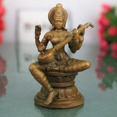 Bronze Saraswati Idol Sharada Vani Kalaimagal Panchaloha Style Murti, Handcrafted Kansya Vagdevi Bharati Statue for Home Temple, Brown, 4.5 Inch, 1 Piece
