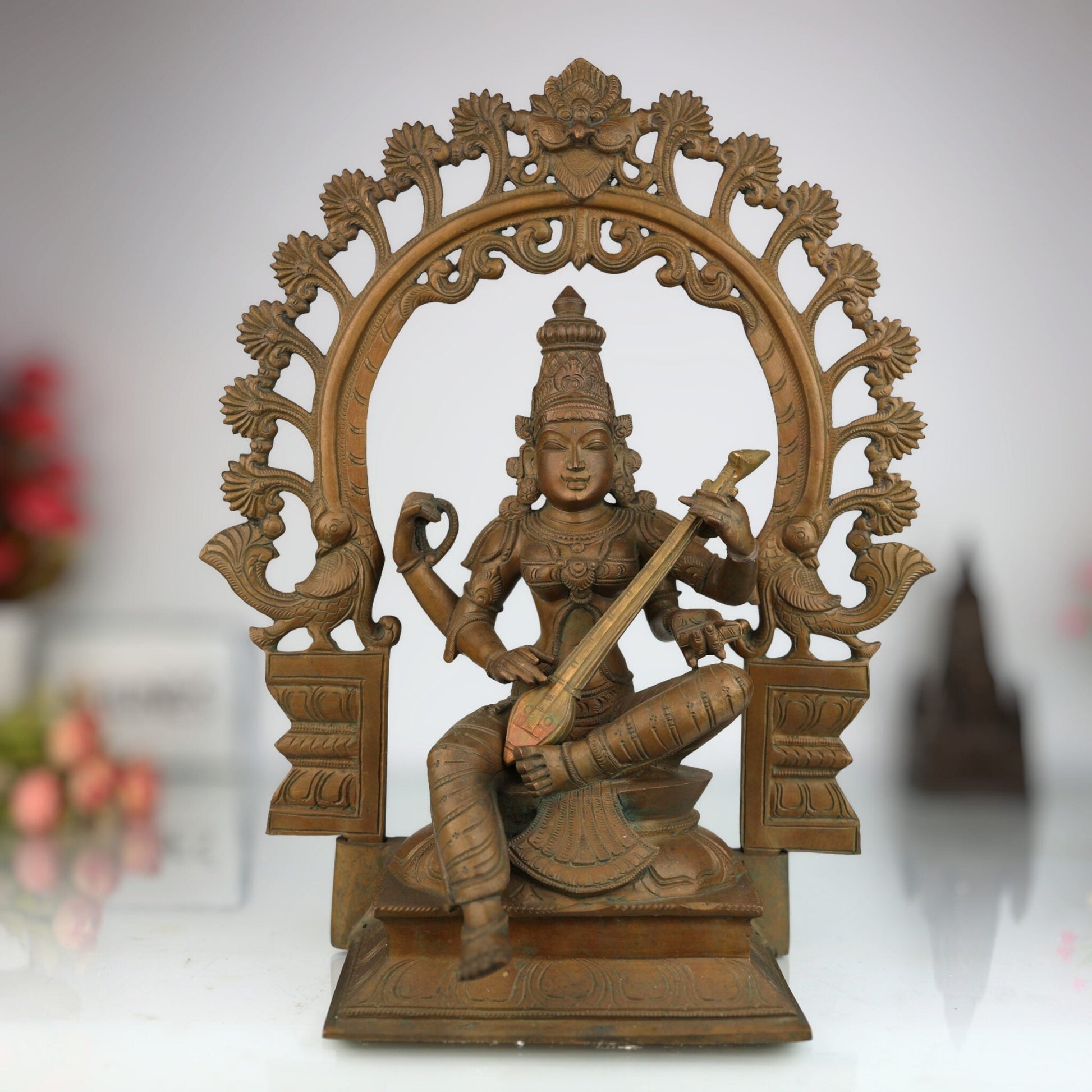 Bronze Saraswati Idol, Panchaloha Sculpture, Handmade Sharada Vani Veena Pustak Dharini Murti, South Indian Chola Art Goddess of Knowledge & Wisdom,Brown, 15 Inch, 1 Piece