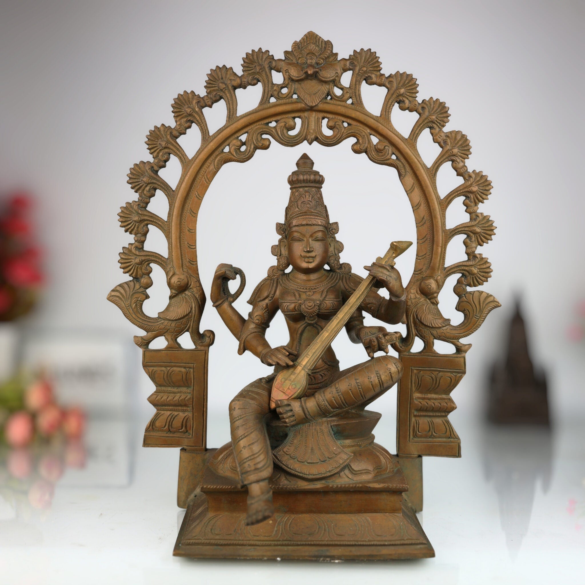 Bronze Saraswati Idol, Panchaloha Sculpture, Handmade Sharada Vani Veena Pustak Dharini Murti, South Indian Chola Art Goddess of Knowledge & Wisdom,Brown, 15 Inch, 1 Piece