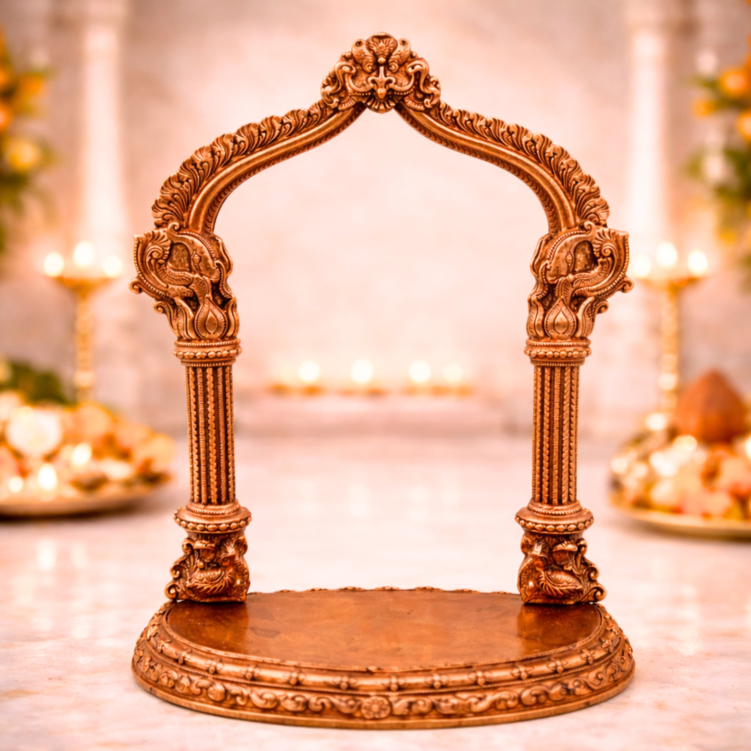 Bronze Shinghashan Chowki With Prabhavali, Peetha Prabhawali, Peetam Peetalu Peetham Bajot For Temple Sinhasan Pooja Mandir Stand, Gold, 13.5 Inch, 1 Piece