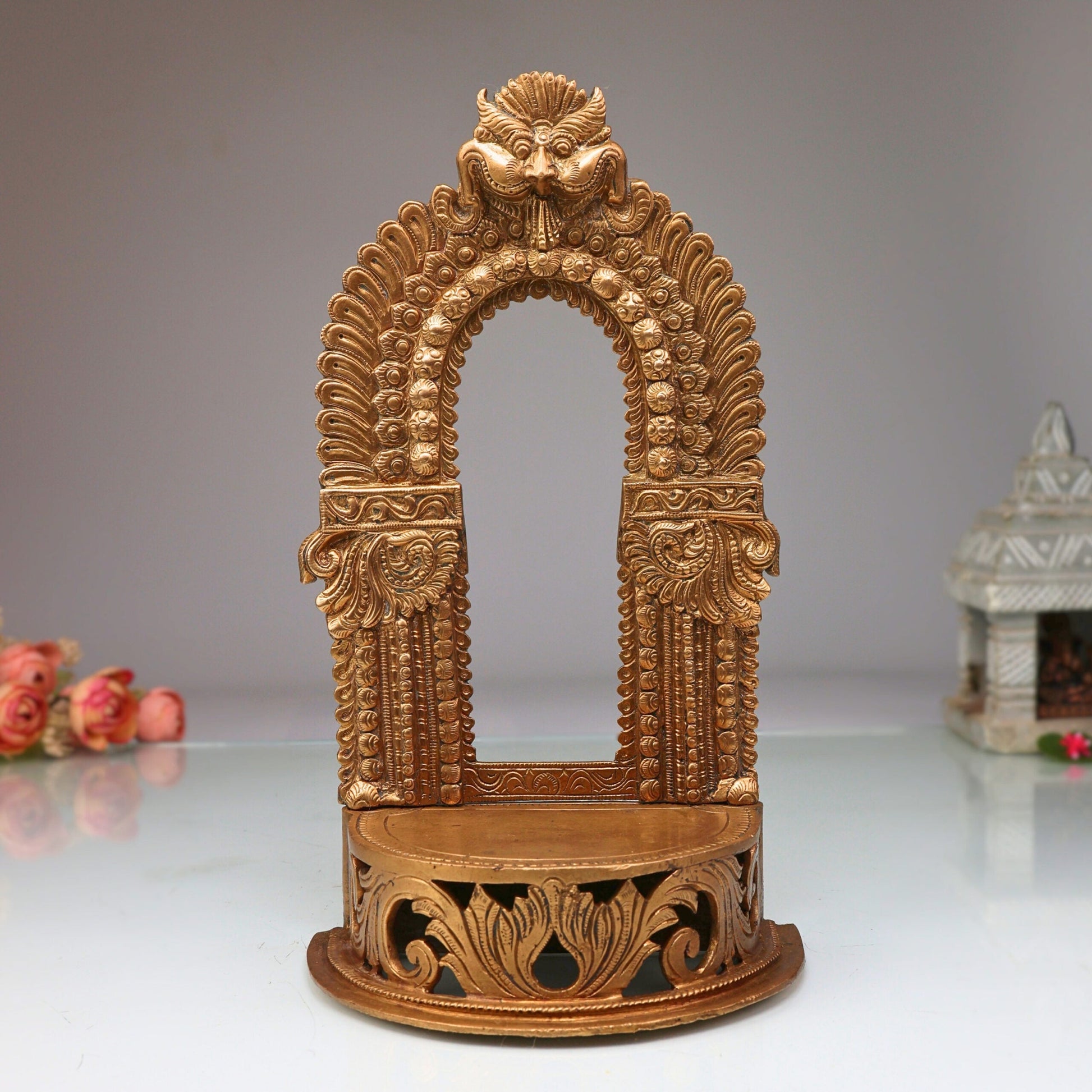 Panchaloha Bronze Shinghashan Chowki with Prabhavali Peetha, Handmade Temple Peetham Bajot for Deity, Mandir Stand, Gold, 6.5 Inch, 1 Piece