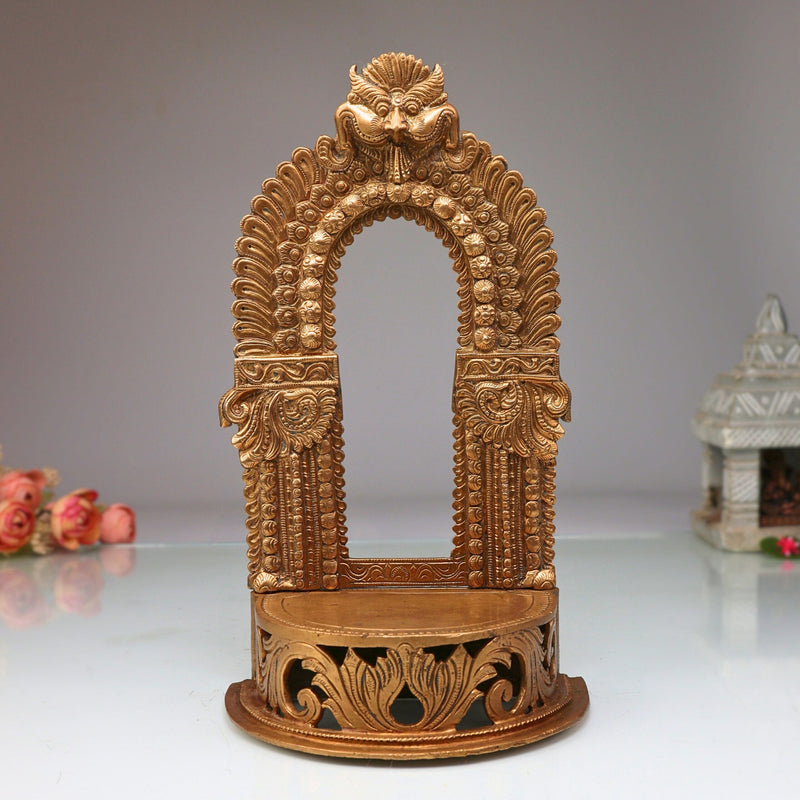 Panchaloha Bronze Shinghashan Chowki with Prabhavali Peetha, Handmade Temple Peetham Bajot for Deity, Mandir Stand, Gold, 6.5 Inch, 1 Piece