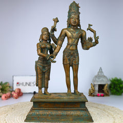 Bhunes Handcrafted Bronze Lord Shiva Parvati Idol, Panchaloha Shiv Parvati Statue, Kalyanasundara Murti for Pooja, Home Decor, Panchadhatu Vigraha, Brown, 18.5 Inch, 1 Piece