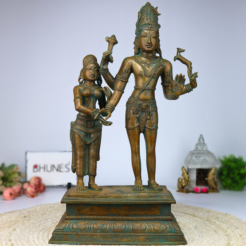 Bhunes Handcrafted Bronze Lord Shiva Parvati Idol, Panchaloha Shiv Parvati Statue, Kalyanasundara Murti for Pooja, Home Decor, Panchadhatu Vigraha, Brown, 18.5 Inch, 1 Piece