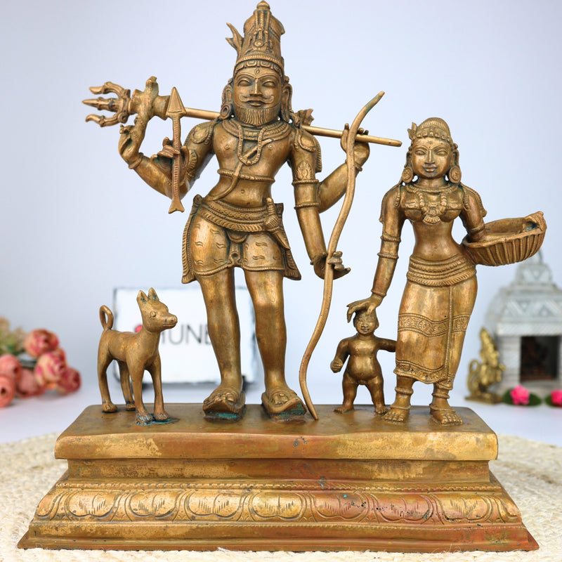 Bronze Shiva Parvati with Ganesha Idol | Panchaloha Shiv Shakti Ganesh Murti | Uma Maheshwari Vinayaka Statue | Handcrafted Chola Art Panchdhatu Sculpture, Brown, 13.5 Inch, 1 Piece