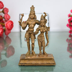 Bronze Shiva Parvati Idol, Uma Maheshwara Murti, Hara Gauri Gowri Shankara Vigraha, Panchaloha Style Shankar Parvati Statue for Home Mandir Decor, Brown, 4.5 Inch, 1 Piece