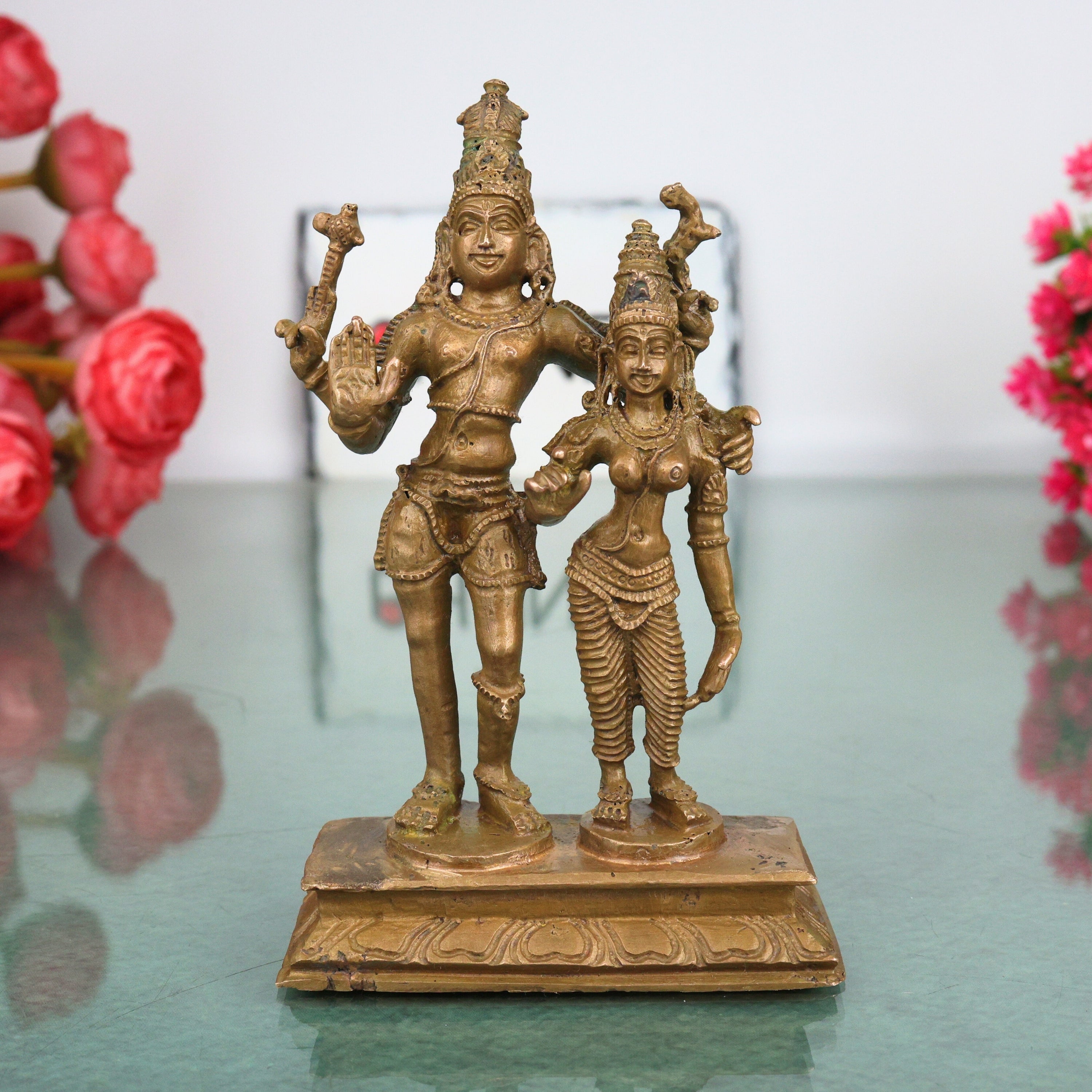 Bronze Shiva Parvati Idol, Uma Maheshwara Murti, Hara Gauri Gowri Shankara Vigraha, Panchaloha Style Shankar Parvati Statue for Home Mandir Decor, Brown, 4.5 Inch, 1 Piece