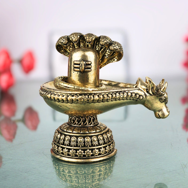 Brass ShivaLingam Shivling Mahalingam Jyotirlinga Peetal Shivalinga Murti for Pooja Home Temple Decor, Gold, 4 Inch, 1 Piece