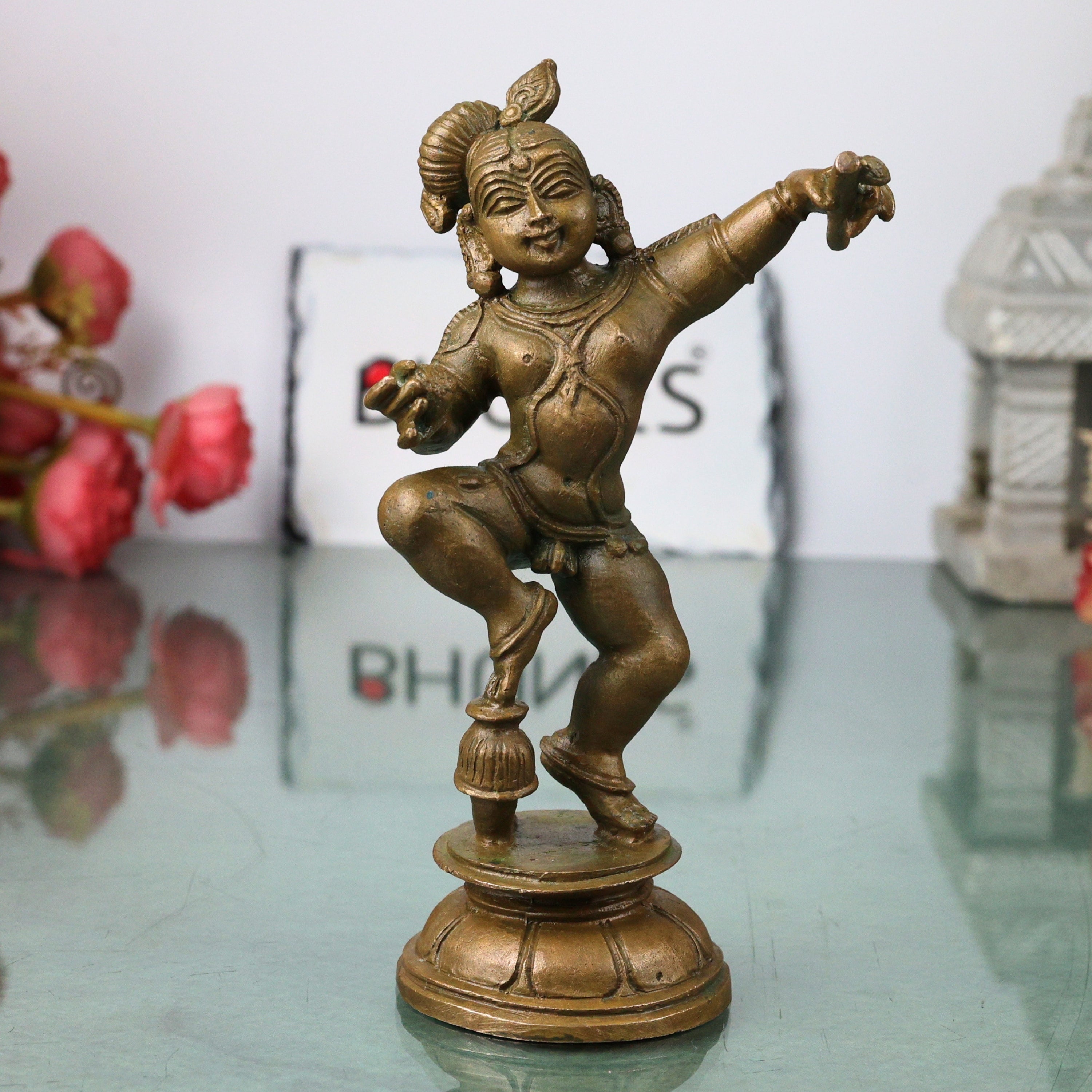 Bronze Shree Krishna, laddu Gopal Idol, Kanha Gopal Govind Murti Panchaloha Style Bal Gopal Murlidhar Shyam Sundar Dwarkadhish Statue for Pooja Home Decor 14 cm, Brown, 5.5 Inch, 1 Piece