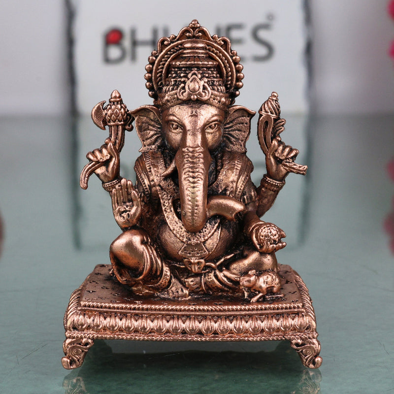 Copper Ganesha Idol, Tamra Ganapati Vinayaka Vighneshwara Siddhivinayak Pillaiyar Murti for Puja Mandir Home Decor Gift, Brown, 3 Inch, 1 Piece