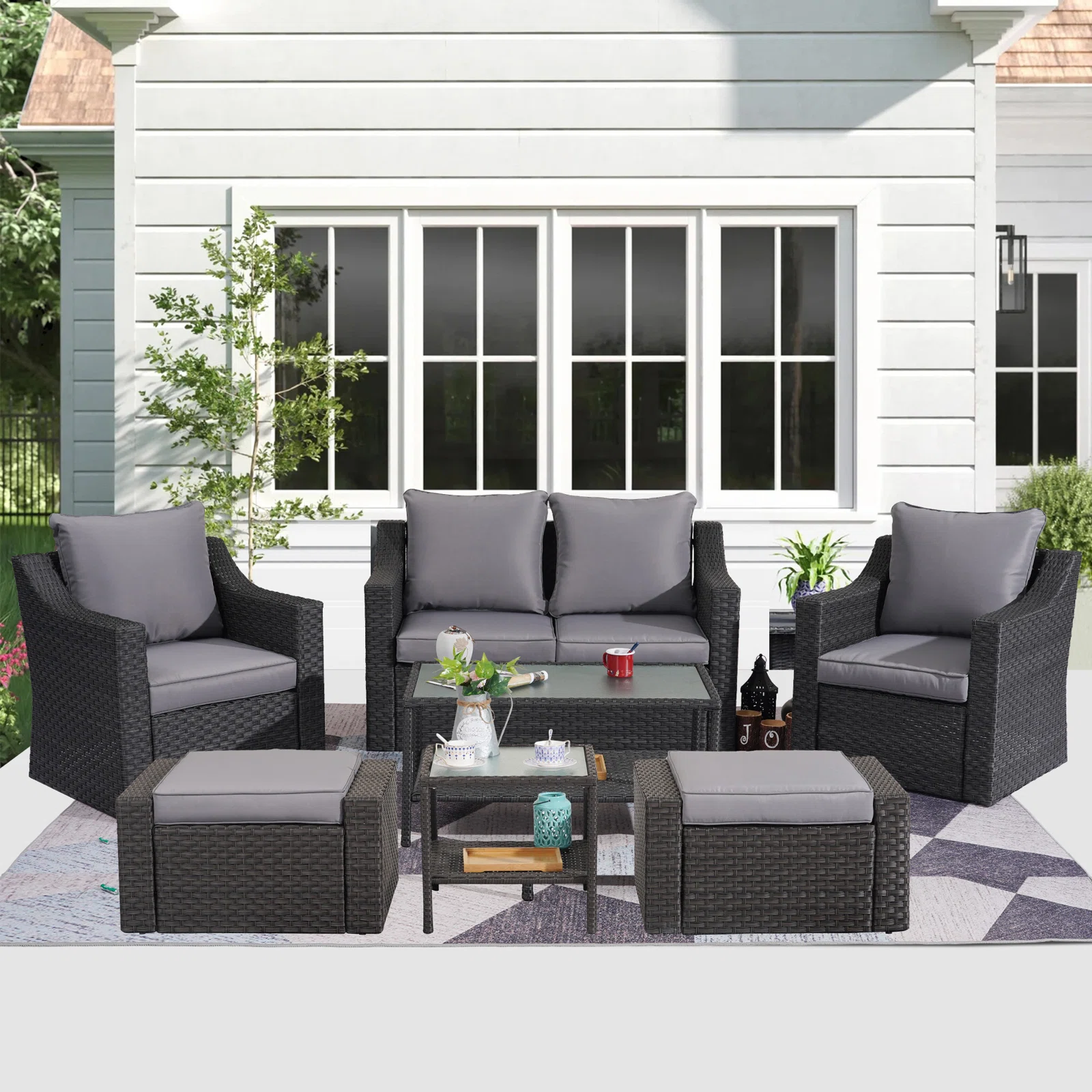 Tress Outdoor Garden Balcony Sofa Set 2 Seater, 2 Single seater With 2 Ottoman, 1 Center Table, 1 Side Table Set (Black)